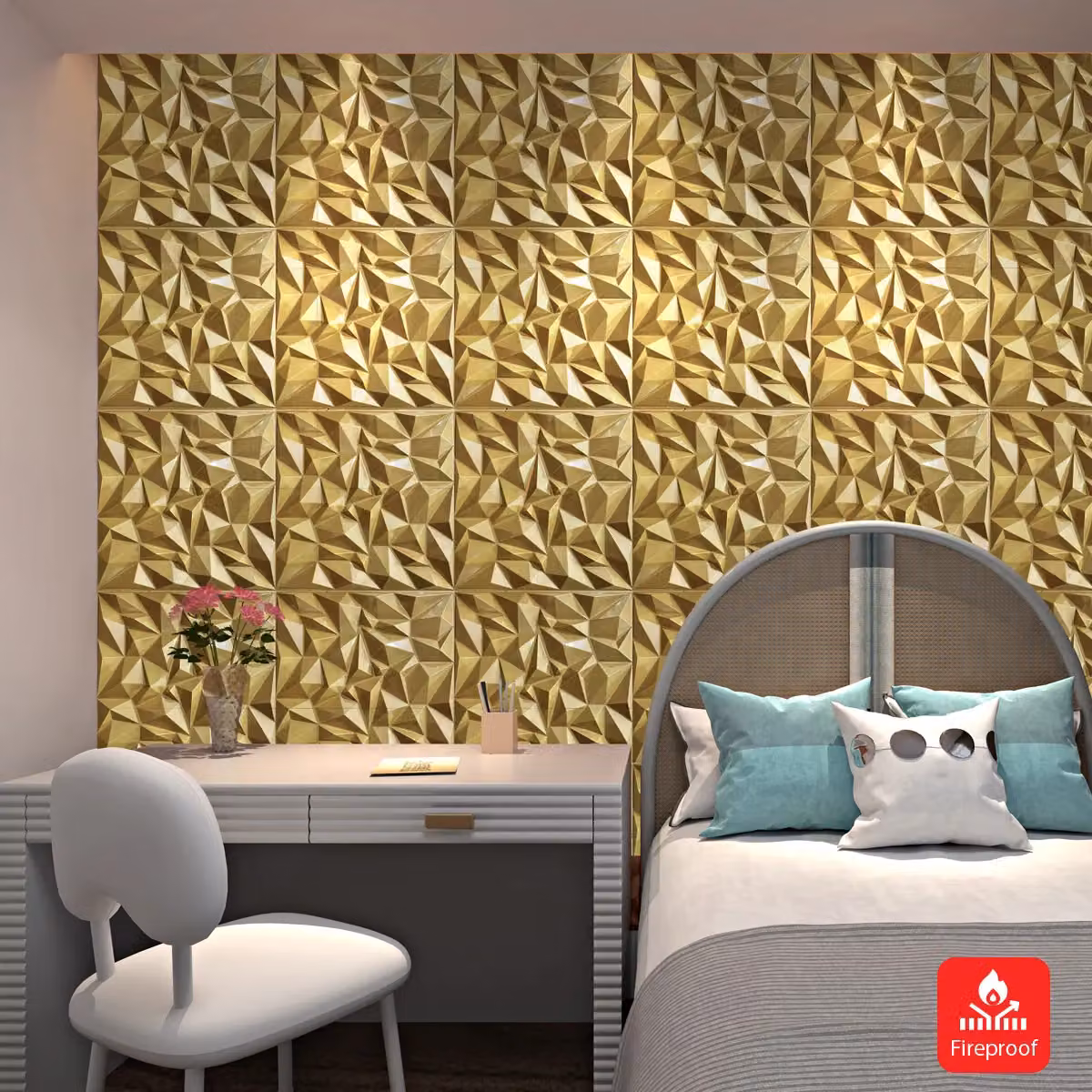 ENER-J 3D PVC Wall Panel with Faceted Diamond Design in Brushed Gold, Pack of 4, W: 50 x 50 cm, D: 0.1 cm – 3