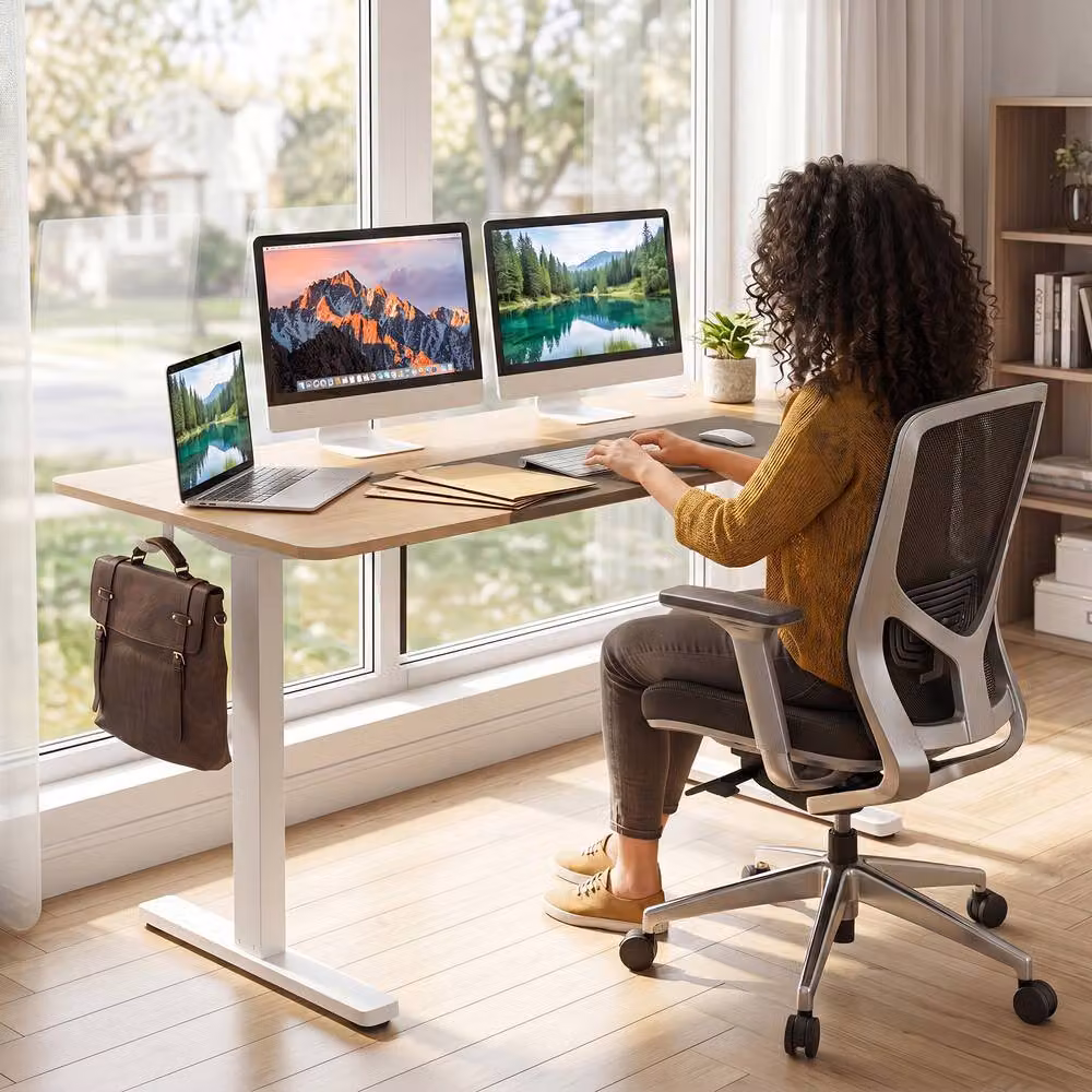 Gymax Height Adjustable Electric Standing Desk in White and Beige, W/D/H: 140 x 60 x 60 cm – 3
