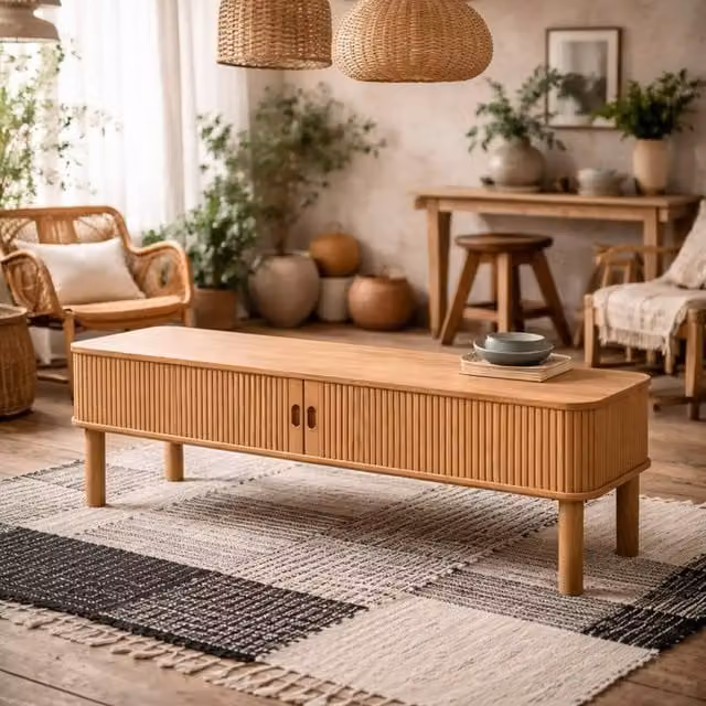 Wyld Haus Copenhagen Copenhagen Natural Oak TV Unit with 2 Tambour Doors, W: 140 cm, D: 40 cm, H: 45 cm – 1