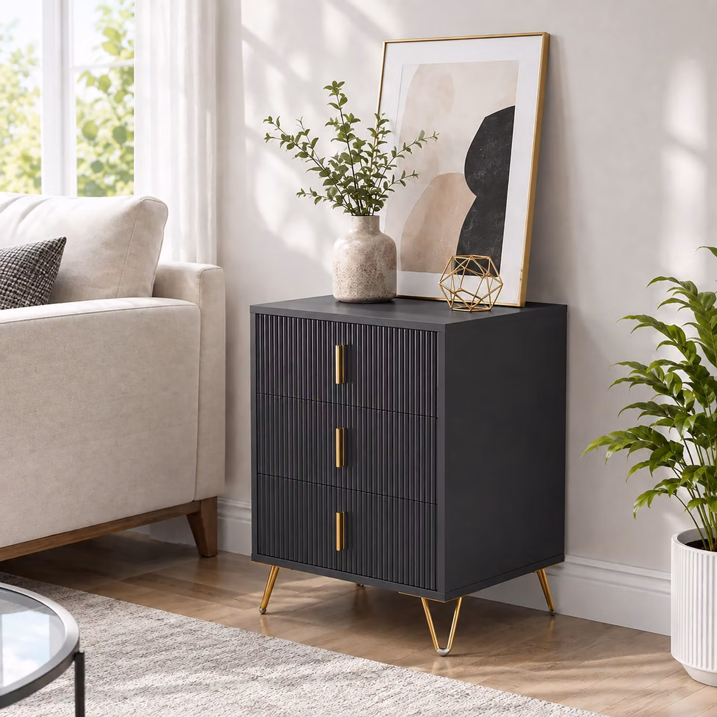 HOMCOM Modern 3-Drawer Fluted Dresser with Metal Legs and Steel Handles in Black and Gold – 7