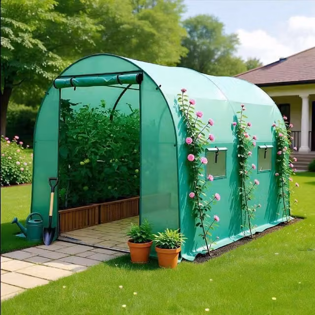 BIRCHTREE Green Galvanised Steel Frame Polytunnel Greenhouse with Double-Wing Design, W/D/H: 200 x 200 x 200 cm