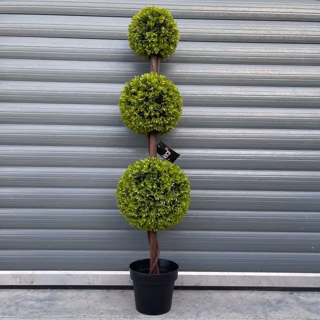 Green Triple Ball Topiary Tabletop Tree with Black Wood and Plastic Leaves
