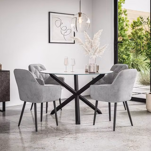 More4Homes Malvern Round Dining Table and Anika Grey Velvet Chair Set, Clear Glass Top with Black Solid Oak Legs, Diameter: 120 cm, Height: 75 cm