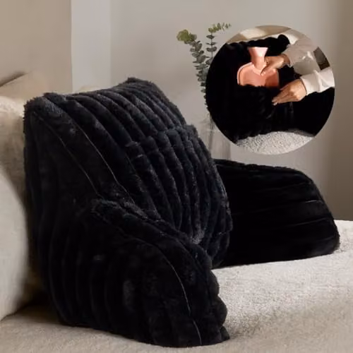 OHS Black Faux Fur Ribbed Reading Pillow with Heatable Pocket for Adults, W/D/H: 65 x 40 x 65 cm