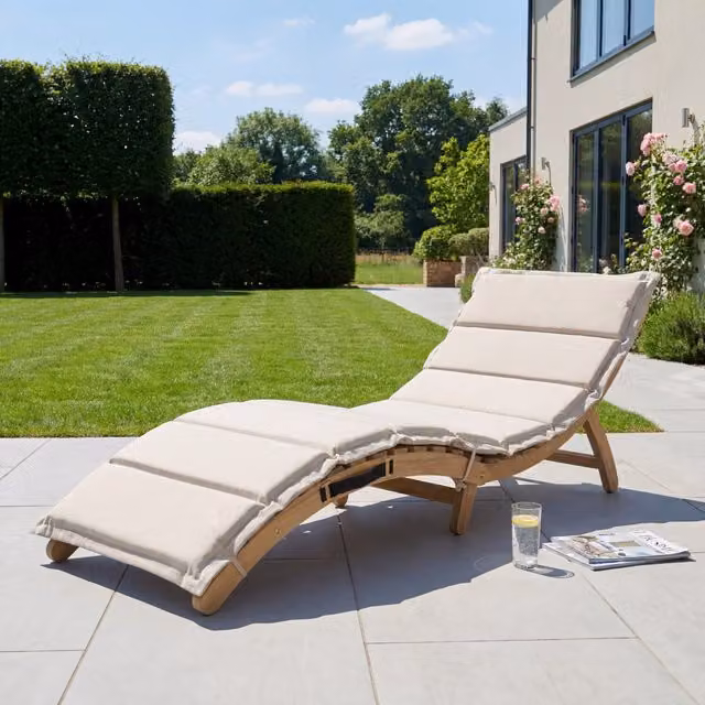 Artemis Home Solara Curve Sun Lounger in Beige with Acacia Wood and Weatherproof Cushions