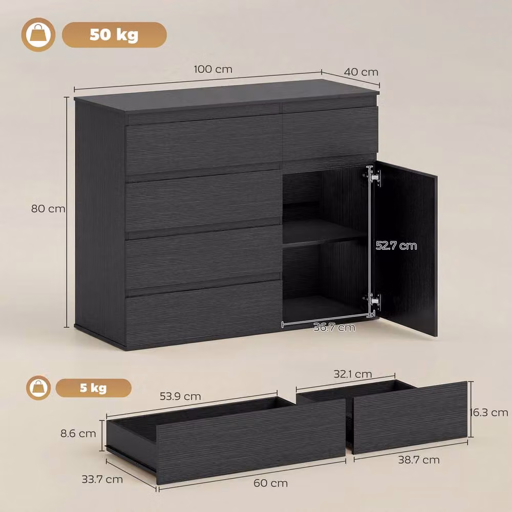 HOMCOM Modern Black Sideboard Storage Cabinet and Kitchen Cupboard with 5 Soft Close Drawers – 4