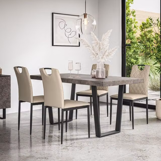 More4Homes Aria Dining Table and 4 Monza Faux Leather Chairs Set, Concrete Effect Table Top with Black Legs and Beige Chairs, W/D/H: 160 x 80 x 76 cm – 1