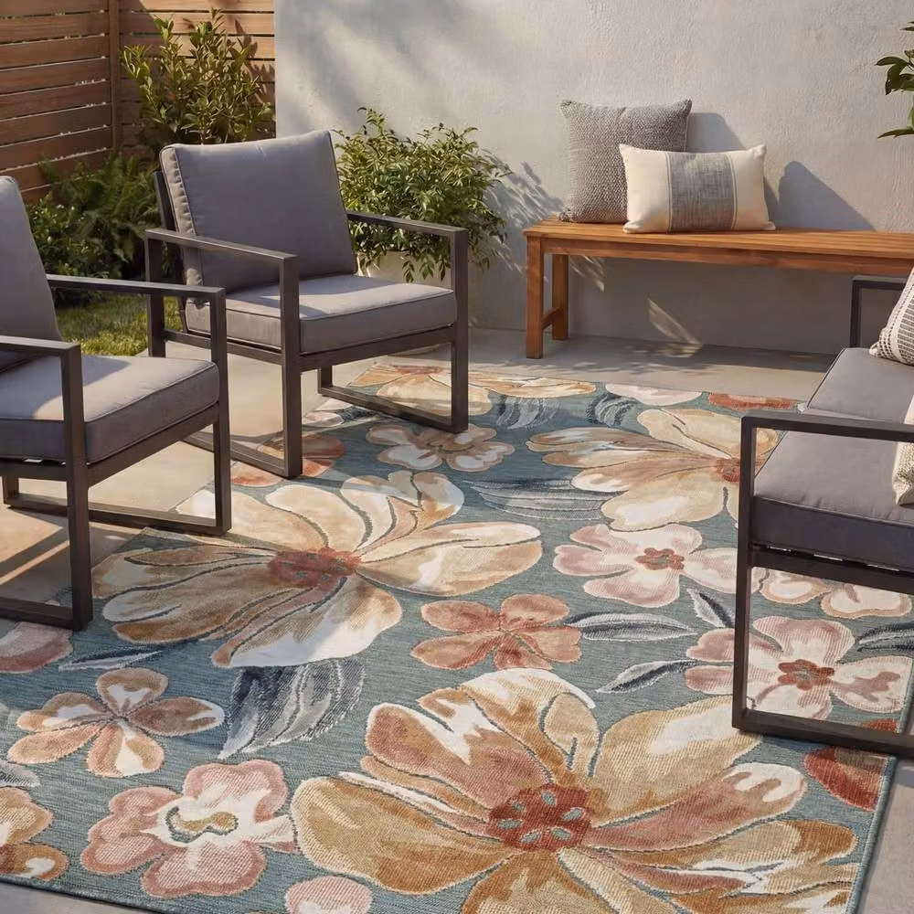 Desire Rugs Gardenia Floral Indoor Outdoor Area Rug in Blue, W: 120 cm, D: 170 cm – 2