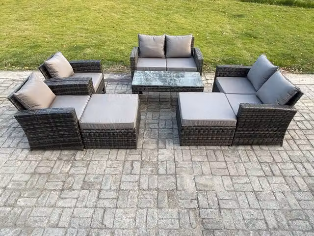 Fimous 8 Seater High Back Rattan Garden Furniture Set in Dark Grey with Rectangular Coffee Table, Loveseat, Armchair and Ottomans