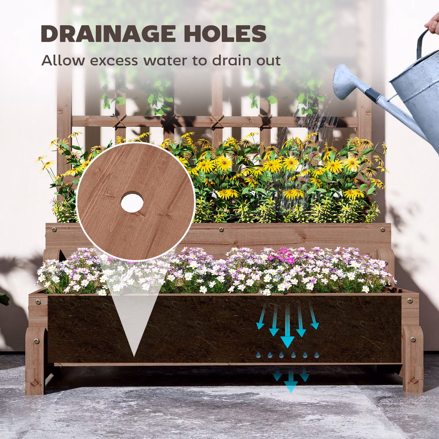 Outsunny 2-Tier Wooden Raised Garden Bed with Trellis and Drainage Holes, Brown, W/D/H: 121 x 66 x 88 cm – 4