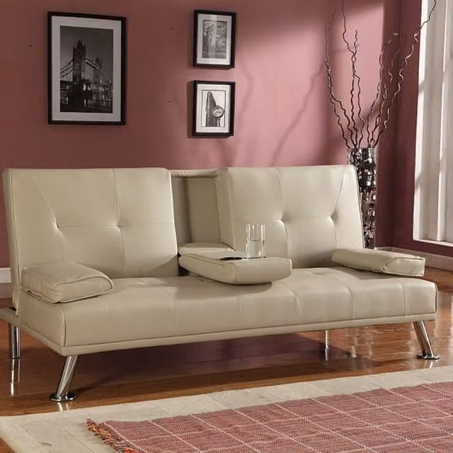 Comfy Living Beige Faux Leather Italian Style Luxury Click Clack Sofa Bed with Cup Holder