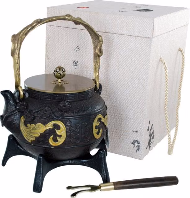 Buckingham Black Cast Iron Japanese Teapot Set with 18 cm Star Trivet and Lid Lifter in a Wooden Gift Box, 1.5 l
