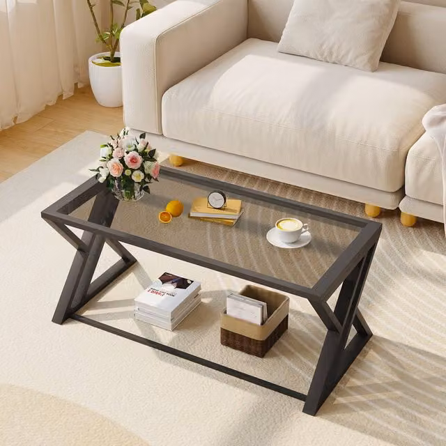 Huhote Modern Grey Coffee Table with Metal Frame and Glass Top
