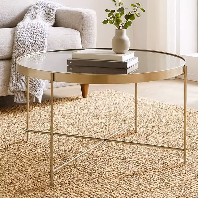 Orsina Round Silver Mirror Side Table with Chrome Lattice Base and Glass Top, Grey – 1