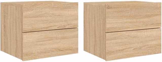 Berkfield Home Set of 2 Wall-mounted Modern Bedside Cabinets with Integrated LED Lights in Sonoma Oak Brown