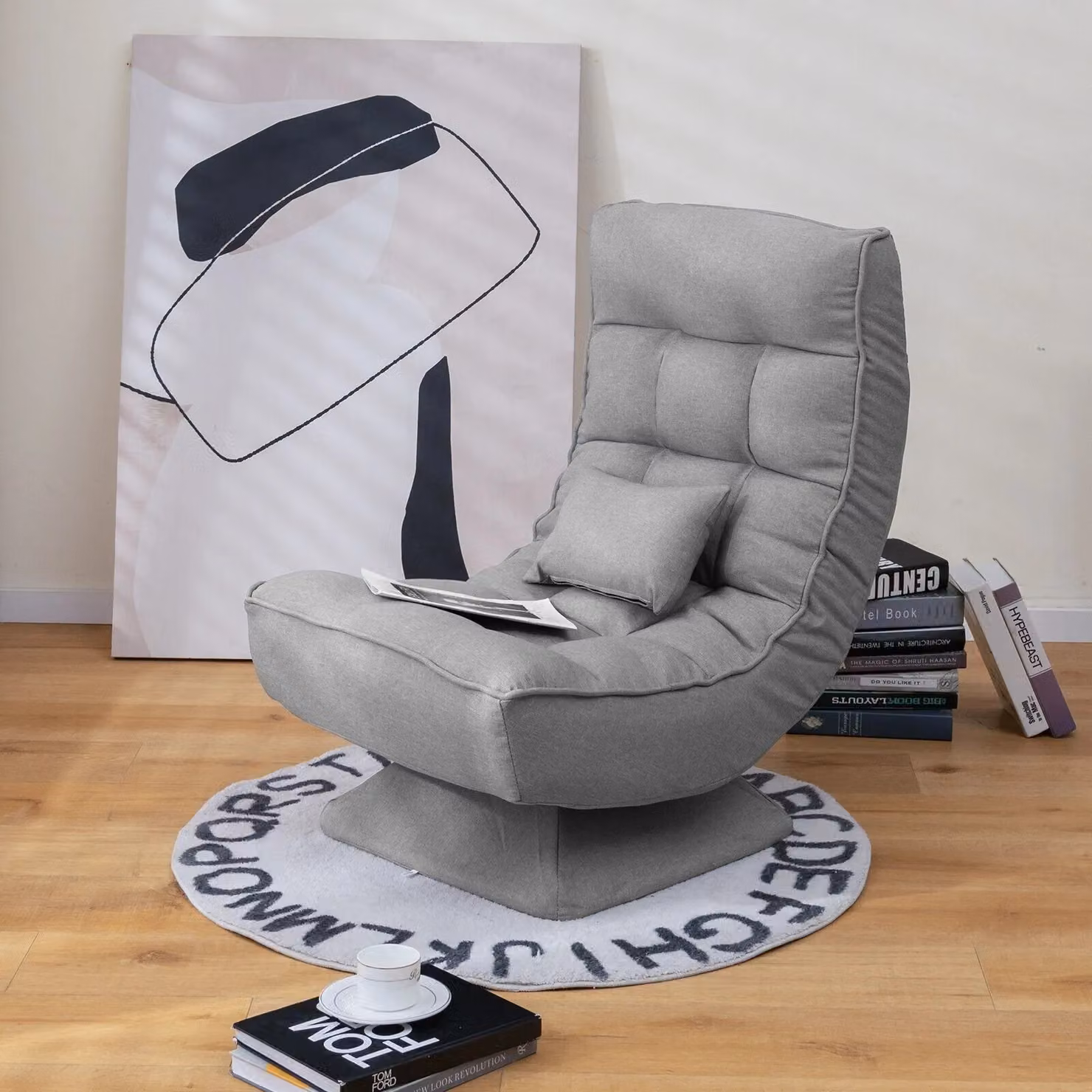 Costway Grey Folding Floor Gaming Chair with 360 Degree Swivel and 4-Position Adjustable Backrest – 3