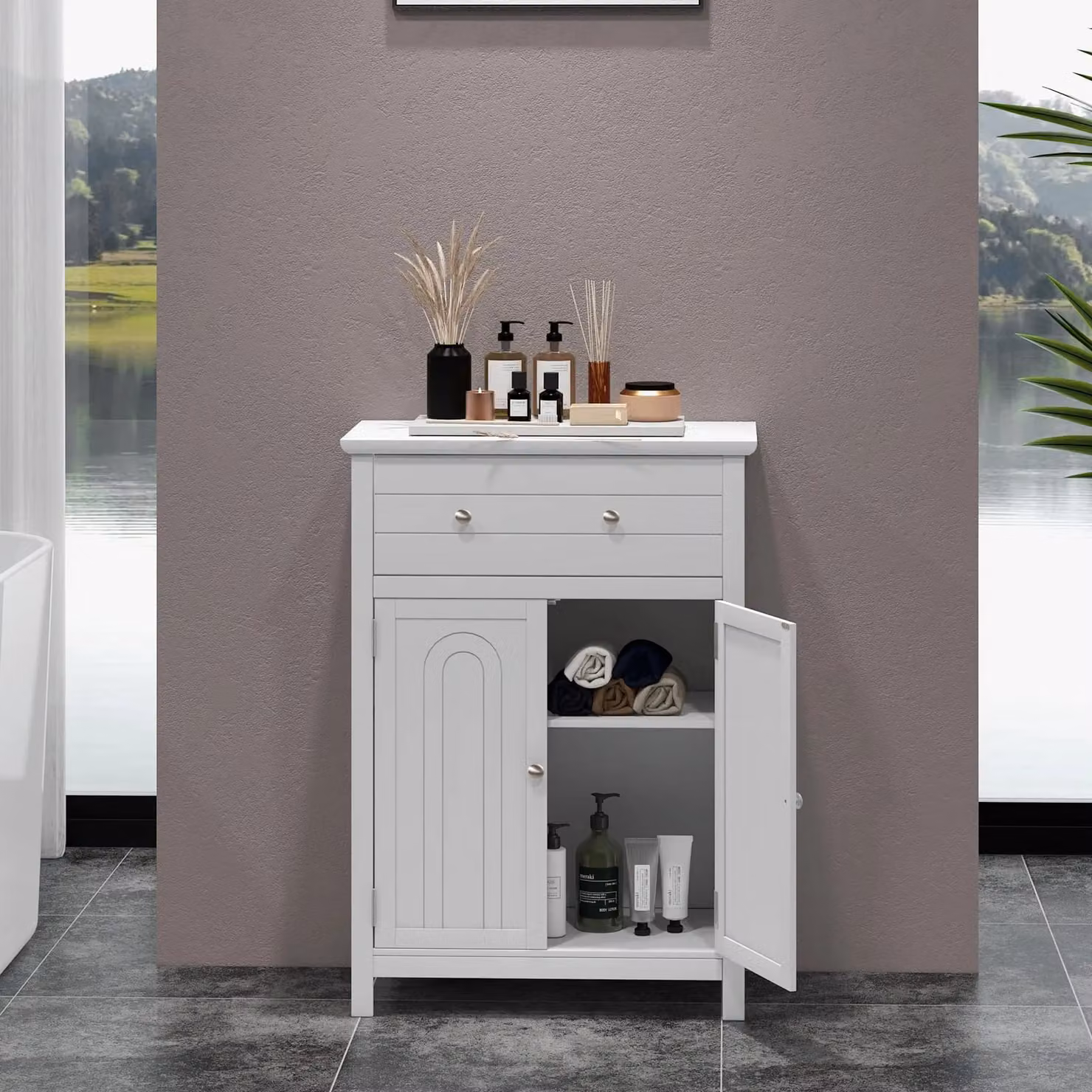 Gymax Freestanding White Bathroom Storage Cabinet with Internal Shelves and Drawers – 4