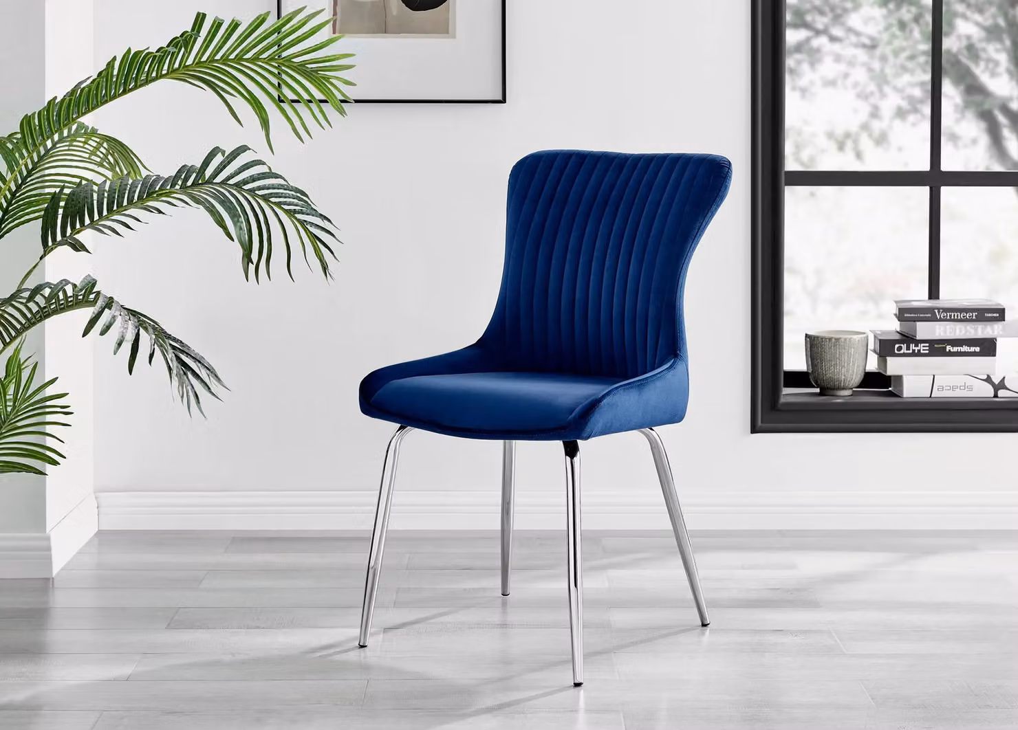 FurnitureboxUK Elina White Marble Effect Round Dining Table and 2 Nora Blue Velvet Chairs with Silver Legs – 3