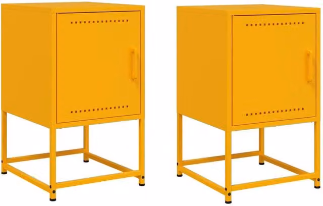 Berkfield Home Set of 2 Industrial Metal Bedside Cabinets, Yellow, W: 36 cm, D: 39 cm, H: 60.5 cm