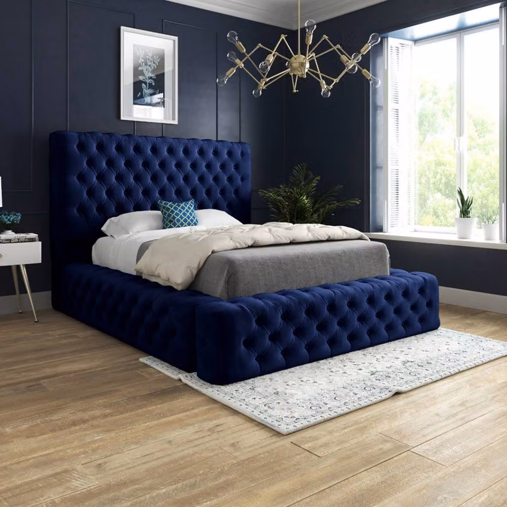 Casani Isleham Blue Velvet Pleated Upholstered Chesterfield Bed Frame, W/D/H: 200 x 137 x 221 cm – 2