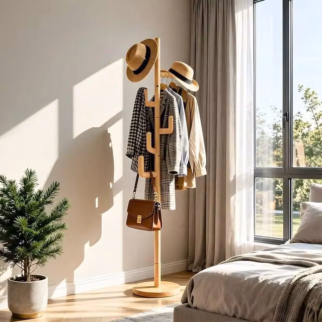 VOGREX Wooden Tree Coat Stand with Hooks in Natural Sand Rubberwood, Height: 173.0 cm, Width: 35.0 cm