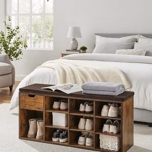VASAGLE Modern Shoe Storage Bench with Cushion and Drawer in Black and Brown