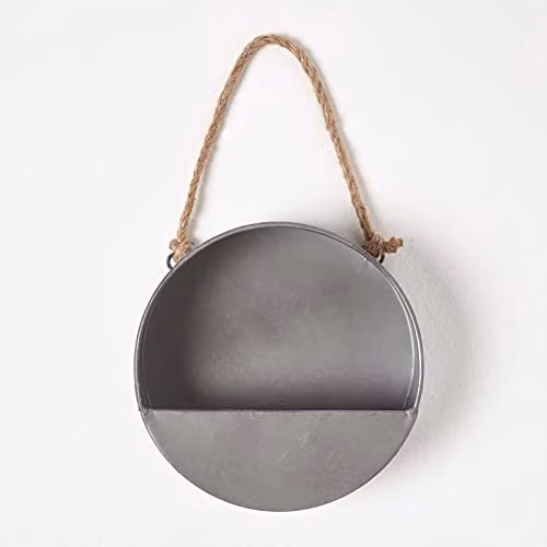 Homescapes Round Metal Hanging Wall Planter with Jute Rope, Silver, Diameter: 20 cm
