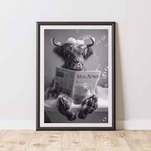 60 Second Makeover Highland Cow Newspaper In Bath Animal Print Paper Poster, A3