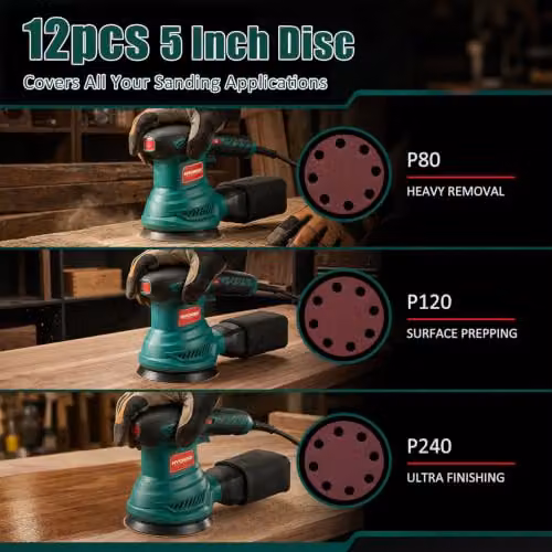 HYCHIKA Orbital Sander, 300W 13000RPM Random Orbital Sander with 6 Variable Speeds, 125mm Sanding Disc, Green – 5