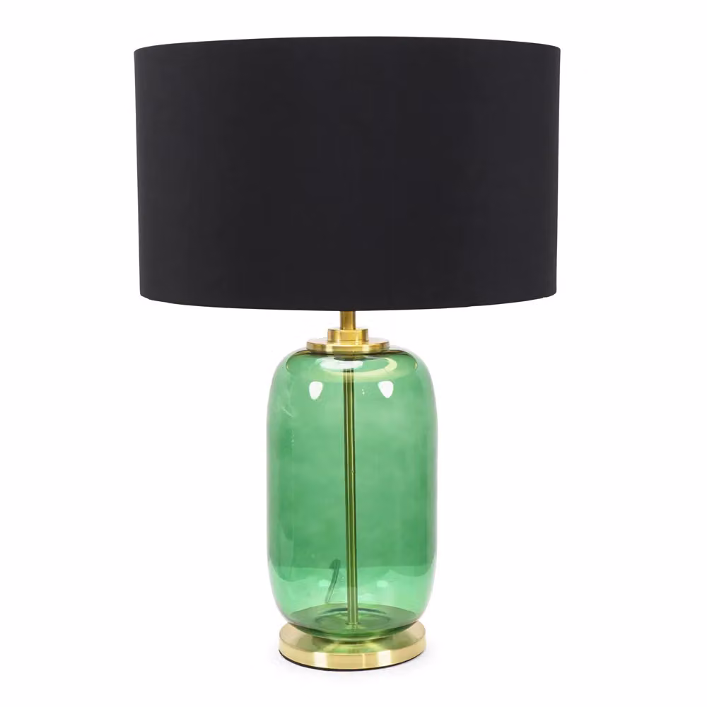 ValueLights Leigh Table Lamp with Forest Green Glass and Black and Gold Fabric Shade – 2