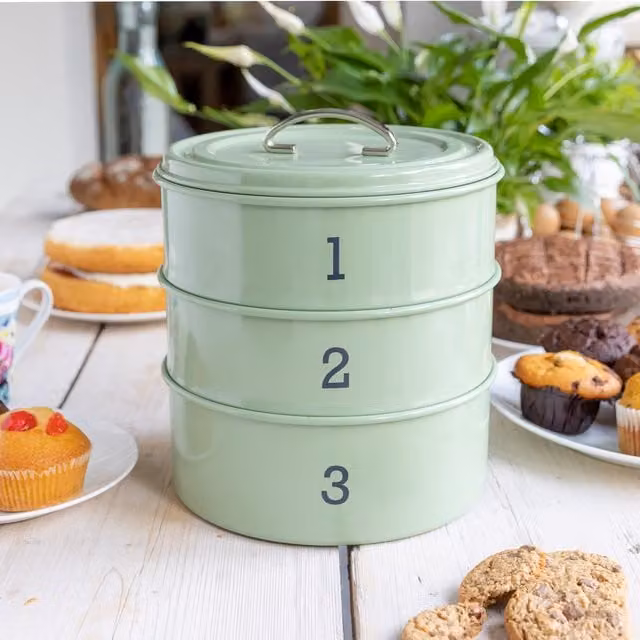 KitchenCraft Living Nostalgia 3-Tier Cake Storage, Green Enamel Metal Airtight and Leakproof