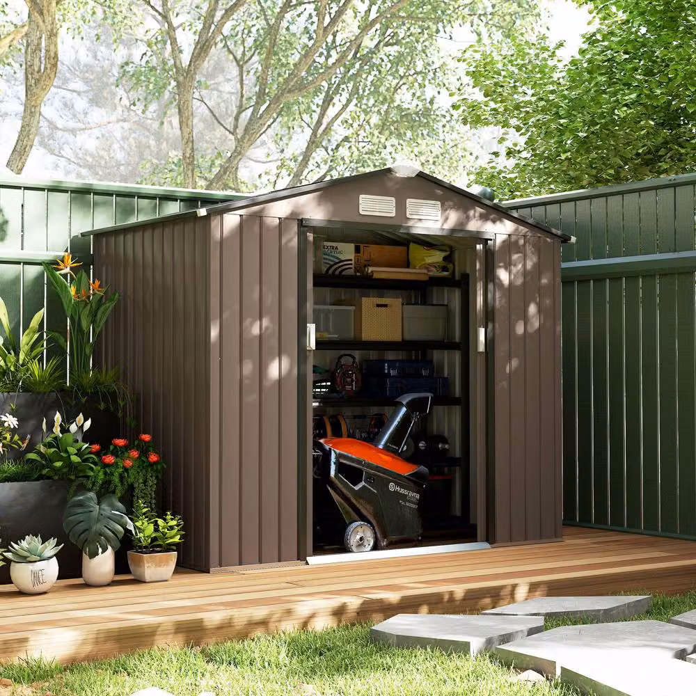 Rolipo Metal Garden Shed with Foundation Kit and Double Doors, Brown, W: 213.36 cm, D: 121.92 cm, H: 170.0 cm – 3