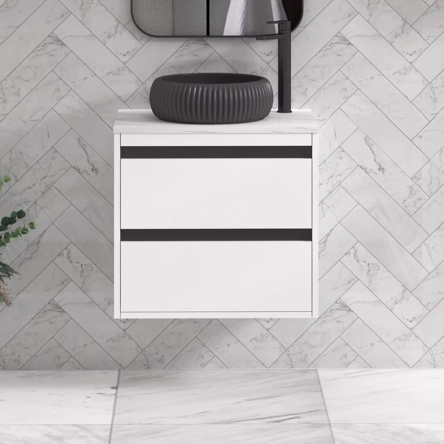 Royal Bathrooms Orion 800mm Matt White Wall Hung 2 Drawer Vanity Unit with Milan Black Basin and Black Accent Trim
