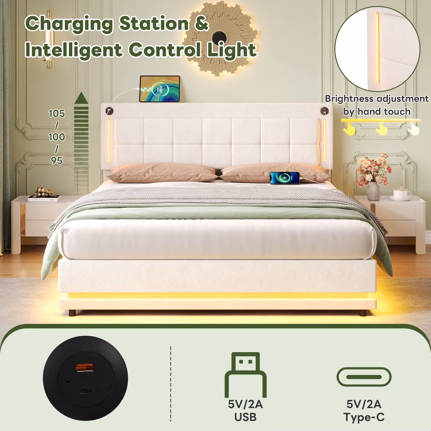 Aosom UK Beige Velvet Upholstered Bed with Hydraulic Storage, USB Charging Port and LED Under-Bed Lighting, W/D/H: 180 x 200 x 152.4 cm – 4