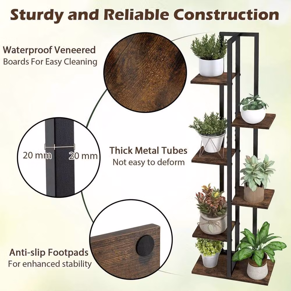 Kelvenix Set of 3 Rustic Tall Plant Stands in Black Wood and Metal – 3