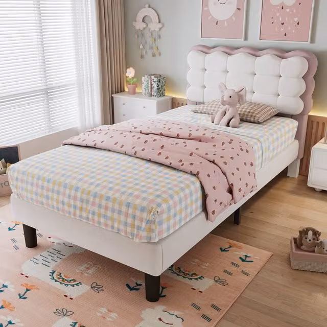 ModernLuxe Upholstered Velvet Kids Single Bed with Headboard in Beige, W/D/H: 90 x 190 x 109 cm