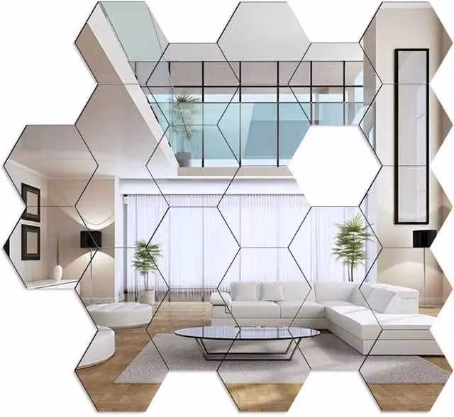 NESTLUNE Large Acrylic Mirror Tile Wall Stickers in Silver, Self-Adhesive Geometric Design, W: 100 cm, H: 15 cm