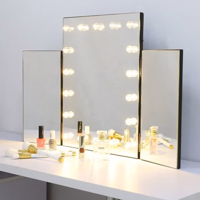 Livingandhome Tri-Fold Tabletop Vanity Makeup Mirror with LED Lights in Silver