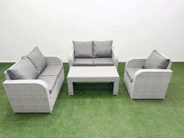 Fimous High Back Poly Rattan Garden Furniture Set in Light Grey with Reclining Chair, Loveseat Sofa and Oblong Coffee Table