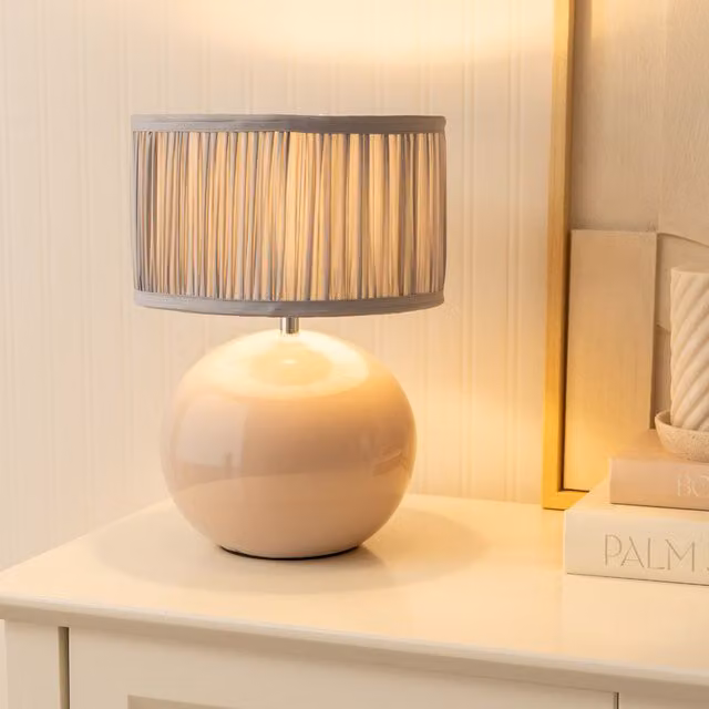 Bosco Stone Ceramic Table Lamp with Ruched Pleated Fabric Drum Shade in Blue