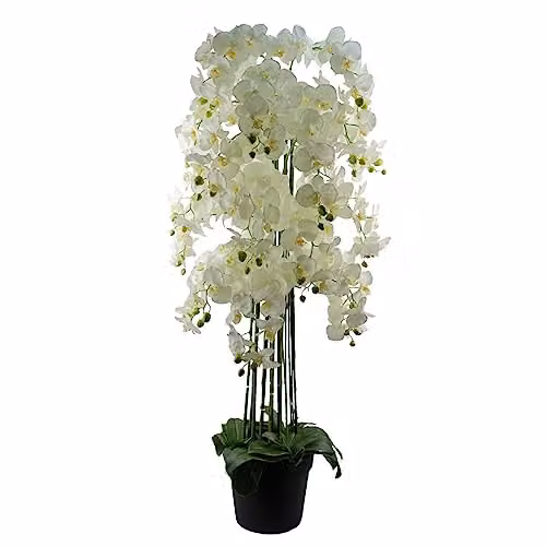 Leaf Design UK Realistic White Artificial Orchid Plant in a Green Pot, Height: 150 cm