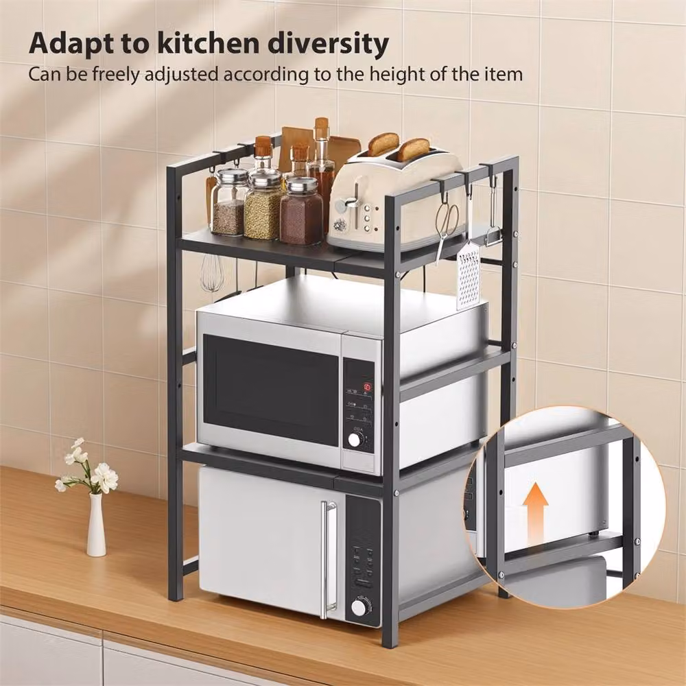 Nordara Black 3 Tier Microwave Oven Shelf with Adjustable Metal Shelving for Kitchen Storage – 3
