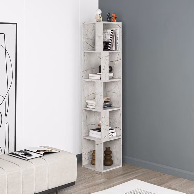 Decortie Piano 5-Tier Modern Corner Bookcase Shelving Unit in Gold Marble Effect, H 158.9 cm x W 31.4 cm x D 31.4 cm