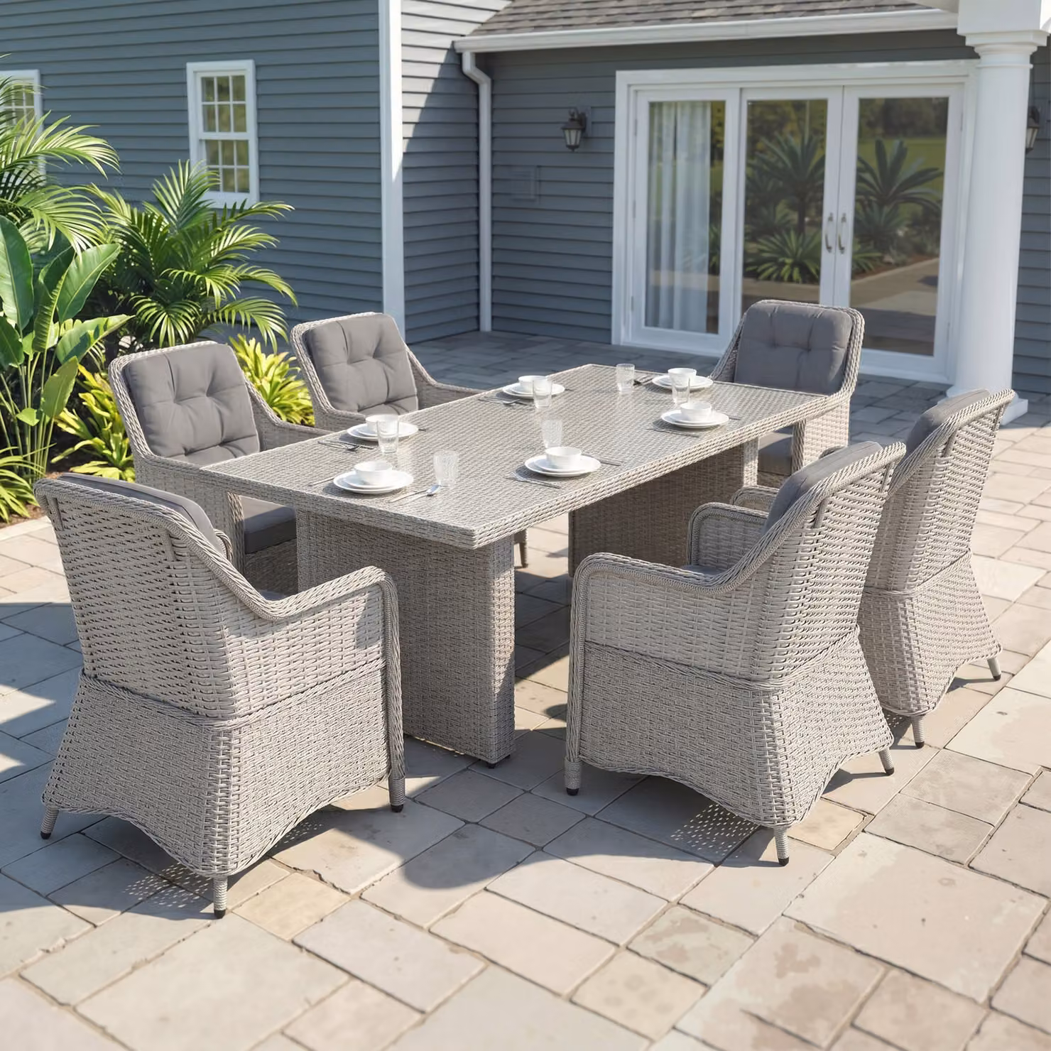 Outsunny 7 Piece Grey PE Rattan Outdoor Dining Set with Powder Coated Aluminium Chairs and Tempered Glass Top Table – 2
