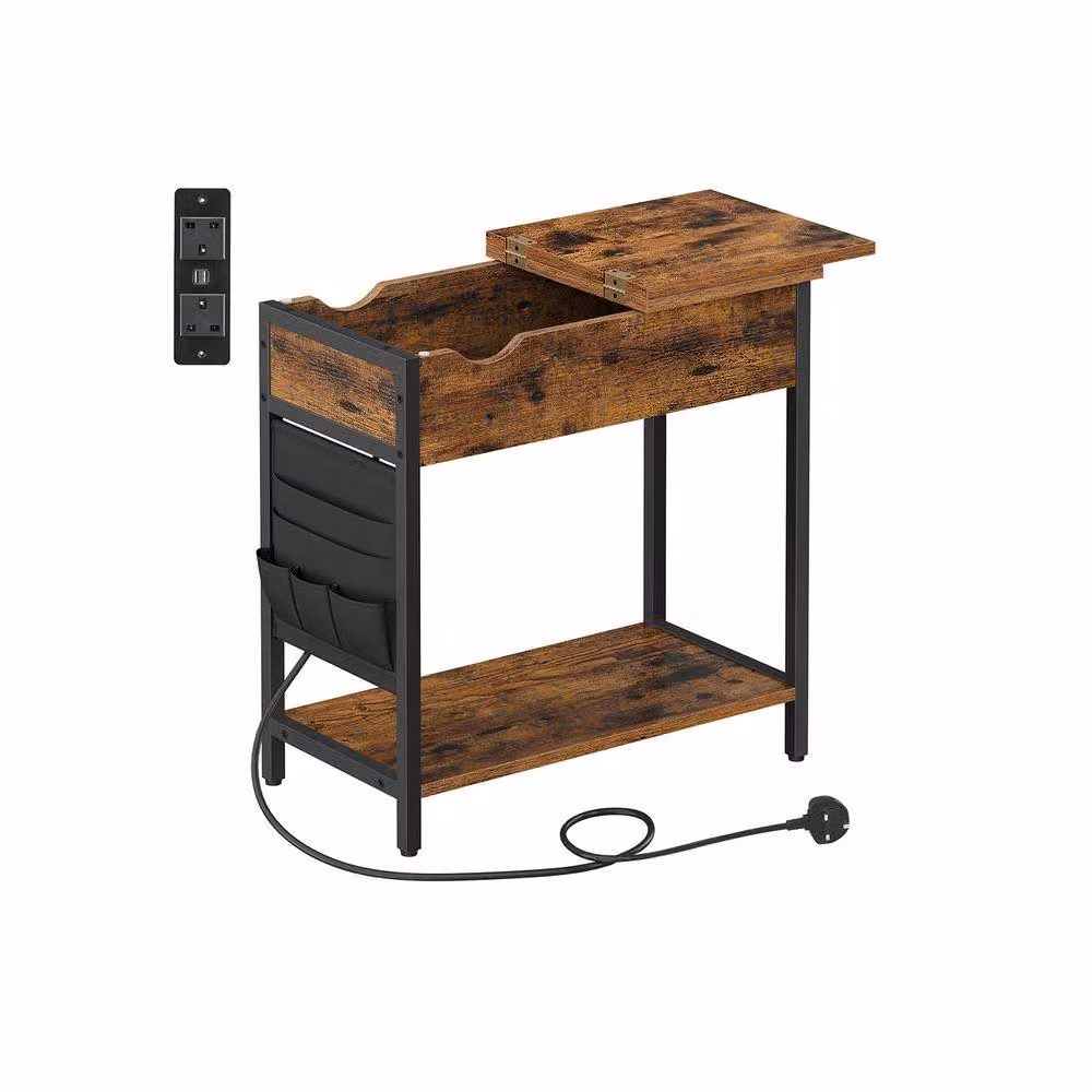 Pirlo Plush Slim Smart Bedside End Table with Power and USB Outlets, Rustic Brown, W/D/H: 31.5 x 60 x 60 cm – 4
