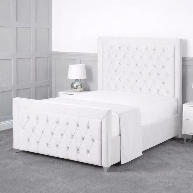 Living Comfort Bedz Ember Plush Velvet Upholstered Single Bed with Slatted Base and 48 Inch Headboard in White, W/D/H: 90 x 200 cm