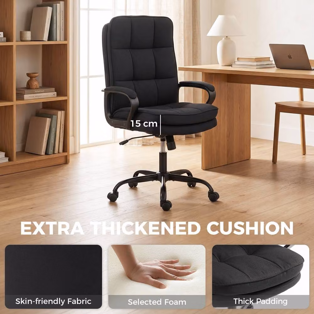 Rolipo Linen-Look Black Fabric Office Task Chair with Double Padding and 360 Degree Swivel – 7