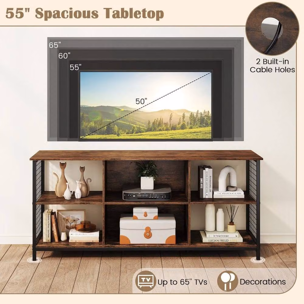 KORVIXA 3-Tier Industrial TV Stand for up to 65 inch TVs with Power Outlets and Grommet, Dark Brown – 5