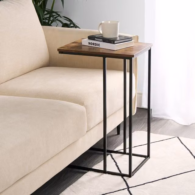 OHS C-Shaped Side Table in Dark Brown Wood Effect with Metal Frame – 5