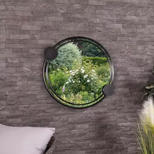 Charles Bentley Warsaw Round Wall Mounted Garden Mirror with Black Aluminium Frame, W: 65 cm, H: 58 cm, D: 58 cm – 3